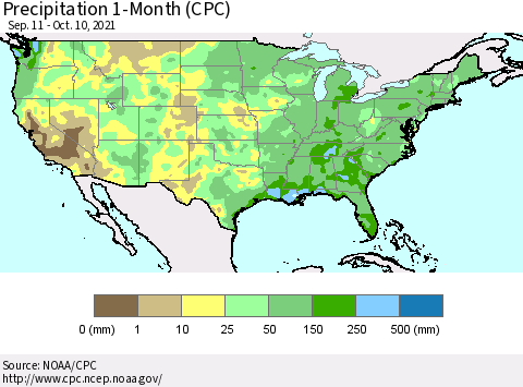 United States Precipitation 1-Month (CPC) Thematic Map For 9/11/2021 - 10/10/2021