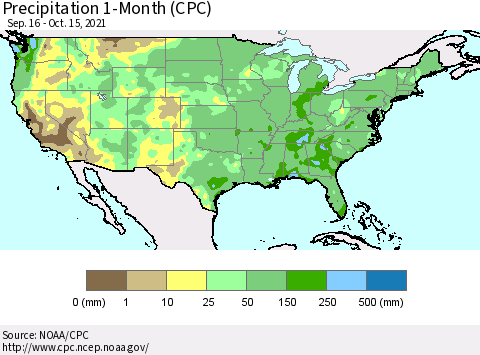 United States Precipitation 1-Month (CPC) Thematic Map For 9/16/2021 - 10/15/2021