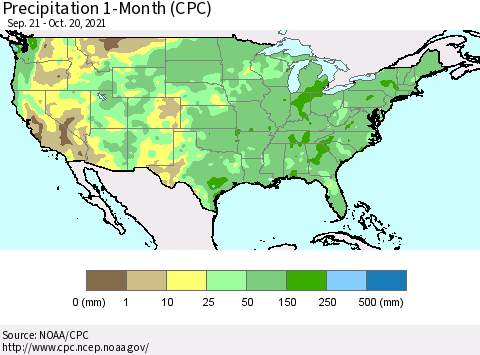 United States Precipitation 1-Month (CPC) Thematic Map For 9/21/2021 - 10/20/2021