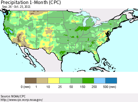 United States Precipitation 1-Month (CPC) Thematic Map For 9/26/2021 - 10/25/2021