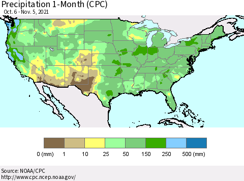 United States Precipitation 1-Month (CPC) Thematic Map For 10/6/2021 - 11/5/2021