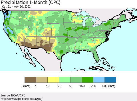 United States Precipitation 1-Month (CPC) Thematic Map For 10/11/2021 - 11/10/2021