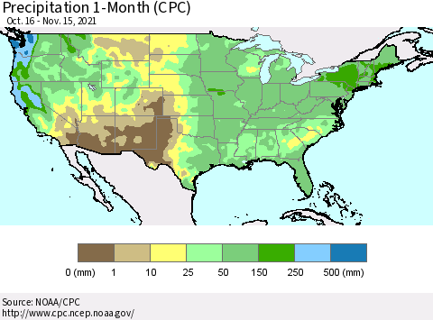 United States Precipitation 1-Month (CPC) Thematic Map For 10/16/2021 - 11/15/2021