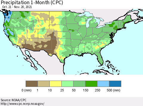 United States Precipitation 1-Month (CPC) Thematic Map For 10/21/2021 - 11/20/2021