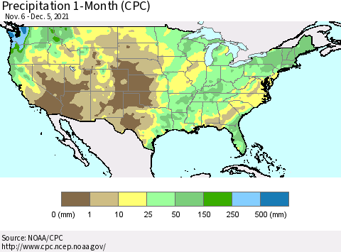 United States Precipitation 1-Month (CPC) Thematic Map For 11/6/2021 - 12/5/2021