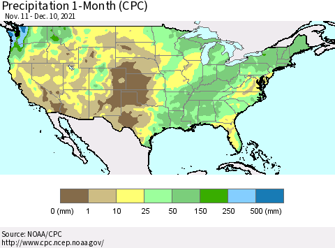 United States Precipitation 1-Month (CPC) Thematic Map For 11/11/2021 - 12/10/2021