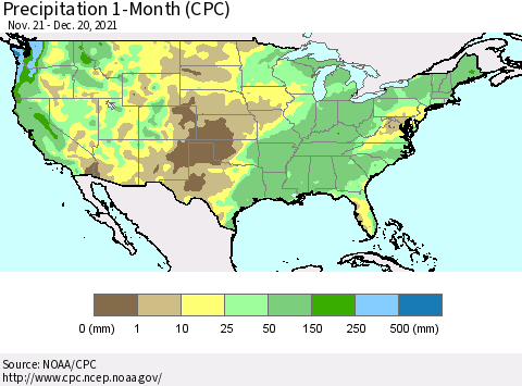 United States Precipitation 1-Month (CPC) Thematic Map For 11/21/2021 - 12/20/2021