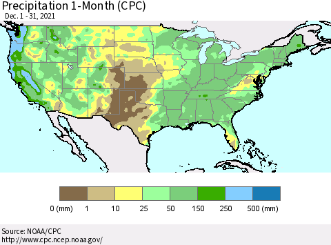 United States Precipitation 1-Month (CPC) Thematic Map For 12/1/2021 - 12/31/2021