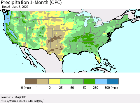 United States Precipitation 1-Month (CPC) Thematic Map For 12/6/2021 - 1/5/2022