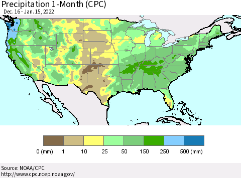United States Precipitation 1-Month (CPC) Thematic Map For 12/16/2021 - 1/15/2022
