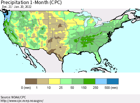 United States Precipitation 1-Month (CPC) Thematic Map For 12/21/2021 - 1/20/2022