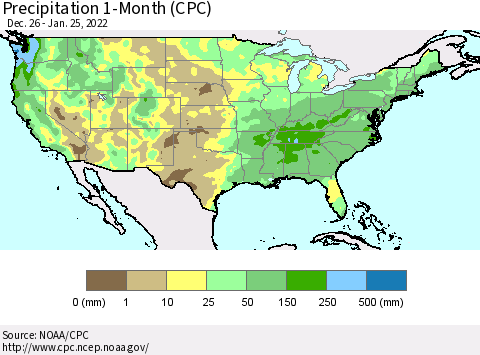 United States Precipitation 1-Month (CPC) Thematic Map For 12/26/2021 - 1/25/2022