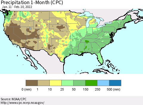 United States Precipitation 1-Month (CPC) Thematic Map For 1/11/2022 - 2/10/2022
