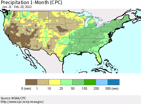 United States Precipitation 1-Month (CPC) Thematic Map For 1/21/2022 - 2/20/2022