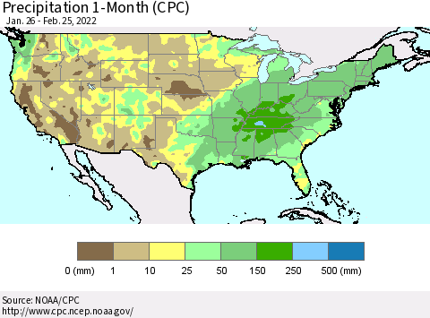 United States Precipitation 1-Month (CPC) Thematic Map For 1/26/2022 - 2/25/2022