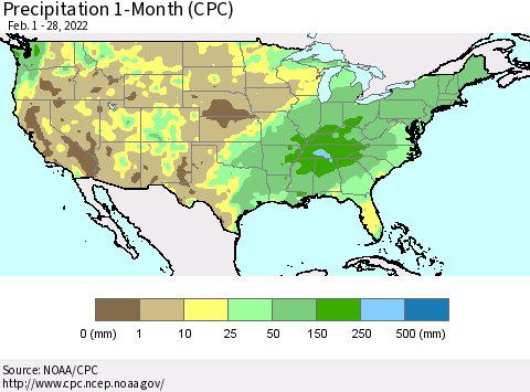 United States Precipitation 1-Month (CPC) Thematic Map For 2/1/2022 - 2/28/2022