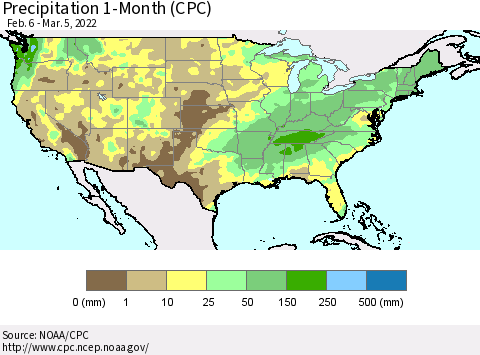 United States Precipitation 1-Month (CPC) Thematic Map For 2/6/2022 - 3/5/2022