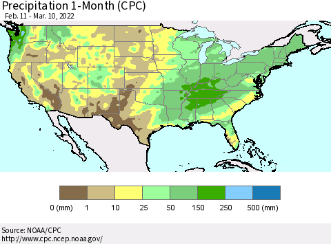 United States Precipitation 1-Month (CPC) Thematic Map For 2/11/2022 - 3/10/2022