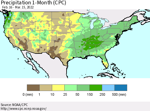 United States Precipitation 1-Month (CPC) Thematic Map For 2/16/2022 - 3/15/2022