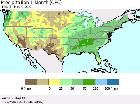 United States Precipitation 1-Month (CPC) Thematic Map For 2/21/2022 - 3/20/2022