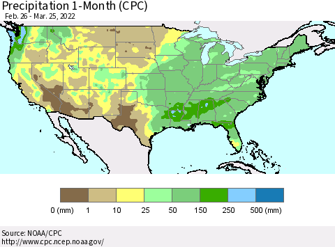 United States Precipitation 1-Month (CPC) Thematic Map For 2/26/2022 - 3/25/2022