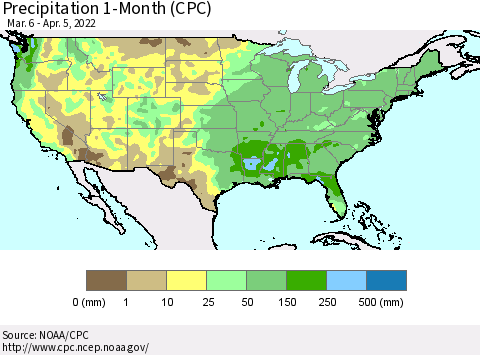 United States Precipitation 1-Month (CPC) Thematic Map For 3/6/2022 - 4/5/2022