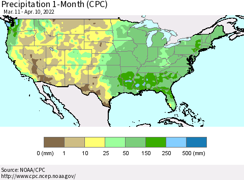 United States Precipitation 1-Month (CPC) Thematic Map For 3/11/2022 - 4/10/2022