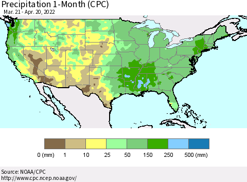 United States Precipitation 1-Month (CPC) Thematic Map For 3/21/2022 - 4/20/2022