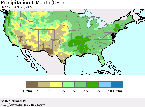 United States Precipitation 1-Month (CPC) Thematic Map For 3/26/2022 - 4/25/2022