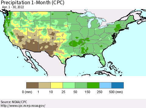 United States Precipitation 1-Month (CPC) Thematic Map For 4/1/2022 - 4/30/2022