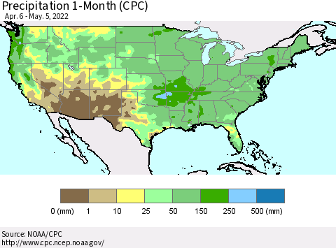 United States Precipitation 1-Month (CPC) Thematic Map For 4/6/2022 - 5/5/2022