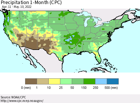 United States Precipitation 1-Month (CPC) Thematic Map For 4/11/2022 - 5/10/2022