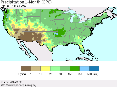 United States Precipitation 1-Month (CPC) Thematic Map For 4/16/2022 - 5/15/2022