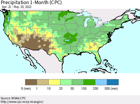 United States Precipitation 1-Month (CPC) Thematic Map For 4/21/2022 - 5/20/2022
