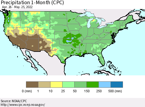 United States Precipitation 1-Month (CPC) Thematic Map For 4/26/2022 - 5/25/2022