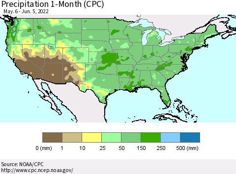 United States Precipitation 1-Month (CPC) Thematic Map For 5/6/2022 - 6/5/2022