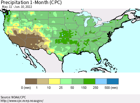 United States Precipitation 1-Month (CPC) Thematic Map For 5/11/2022 - 6/10/2022