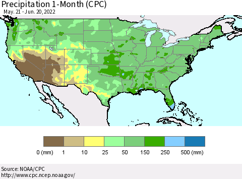 United States Precipitation 1-Month (CPC) Thematic Map For 5/21/2022 - 6/20/2022