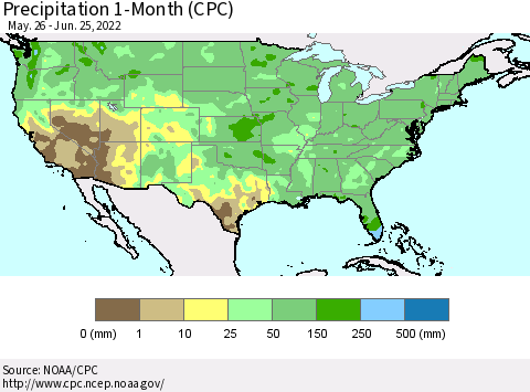 United States Precipitation 1-Month (CPC) Thematic Map For 5/26/2022 - 6/25/2022