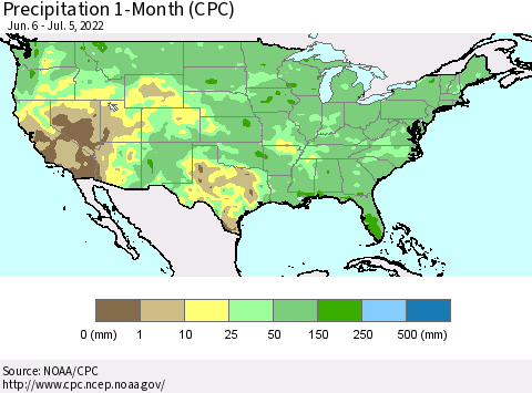 United States Precipitation 1-Month (CPC) Thematic Map For 6/6/2022 - 7/5/2022