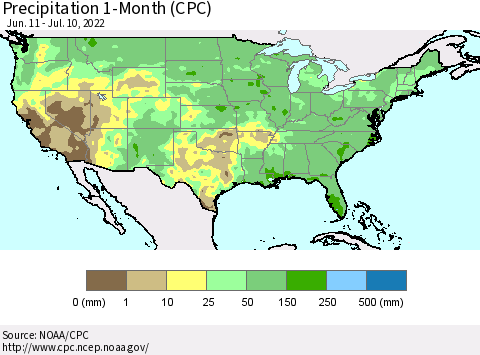 United States Precipitation 1-Month (CPC) Thematic Map For 6/11/2022 - 7/10/2022