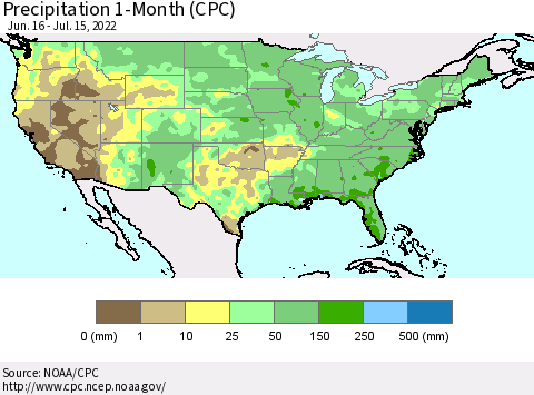 United States Precipitation 1-Month (CPC) Thematic Map For 6/16/2022 - 7/15/2022