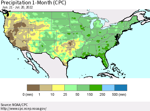 United States Precipitation 1-Month (CPC) Thematic Map For 6/21/2022 - 7/20/2022