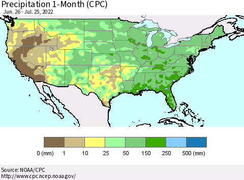 United States Precipitation 1-Month (CPC) Thematic Map For 6/26/2022 - 7/25/2022