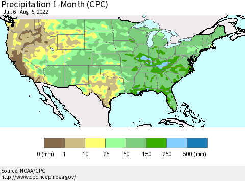 United States Precipitation 1-Month (CPC) Thematic Map For 7/6/2022 - 8/5/2022