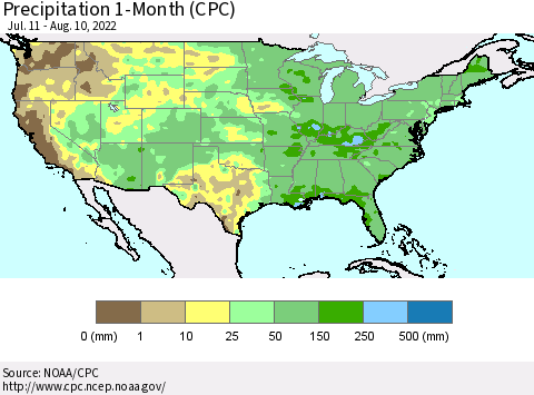 United States Precipitation 1-Month (CPC) Thematic Map For 7/11/2022 - 8/10/2022
