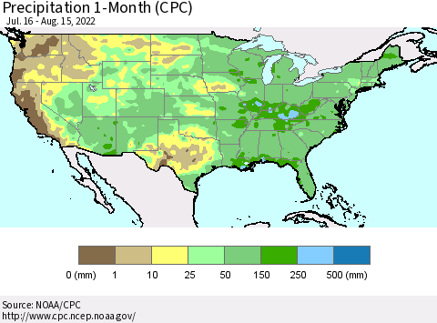 United States Precipitation 1-Month (CPC) Thematic Map For 7/16/2022 - 8/15/2022