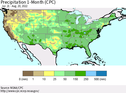 United States Precipitation 1-Month (CPC) Thematic Map For 7/21/2022 - 8/20/2022