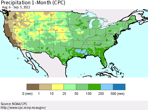 United States Precipitation 1-Month (CPC) Thematic Map For 8/6/2022 - 9/5/2022