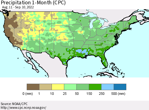 United States Precipitation 1-Month (CPC) Thematic Map For 8/11/2022 - 9/10/2022